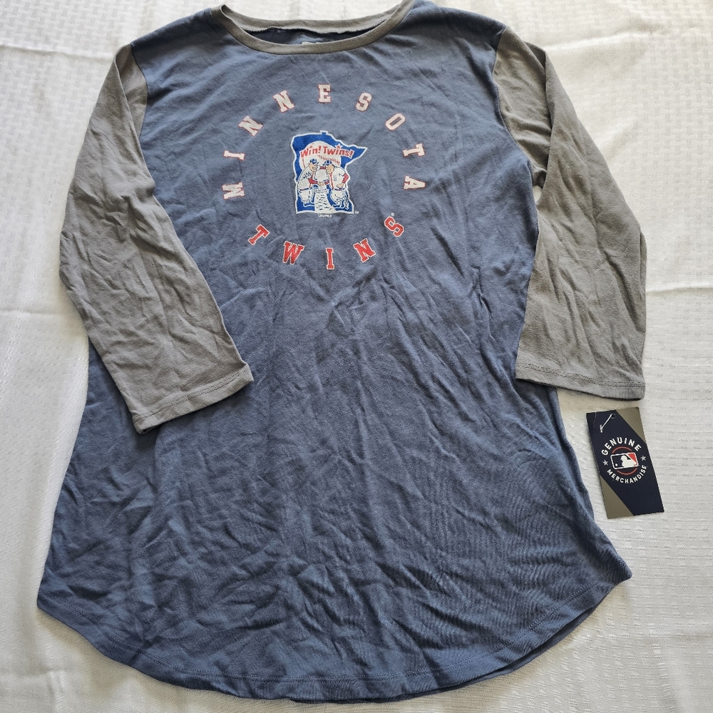 Minnesota Twins Raglan Tee Womens L Blue Red 3 4 Sleeve MLB Game Day